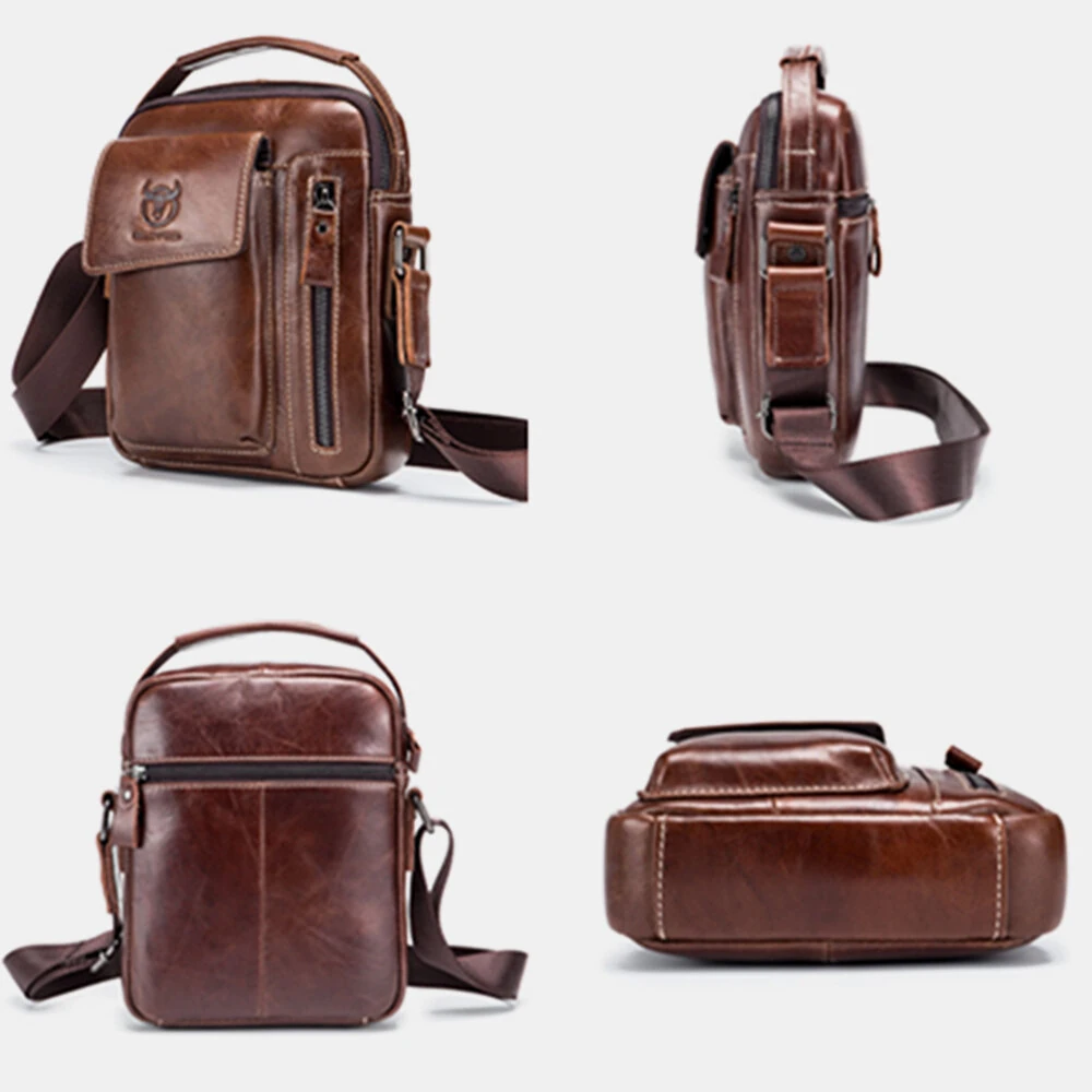(image for) BULLCAPTAIN Genuine Leather Business Messenger Bag Retro Mini Vintage Shoulder Bag Crossbody Bag for Men Multi-functional Leather Mobile Phone Bags